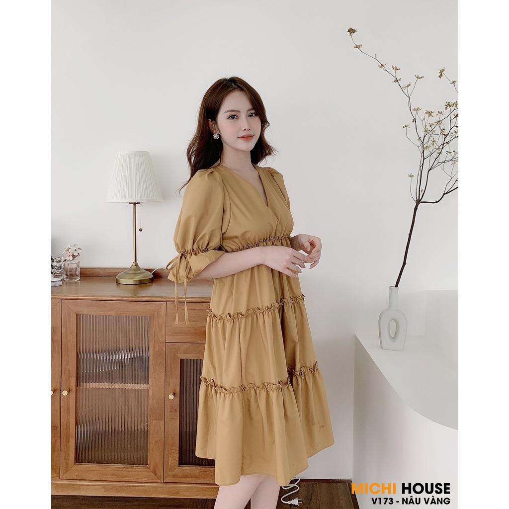 Váy suông babydoll 3 tầng, cổ V, đầm xuông rộng freesize, tay bo phồng buộc nơ 2 màu mã V173 - Michi's House