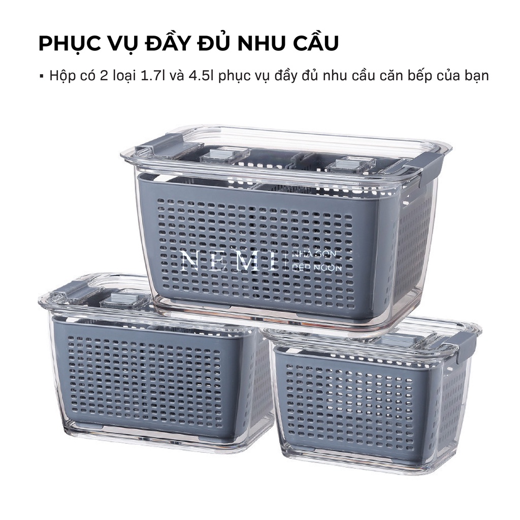 Hộp Bảo Quản Thực Phẩm NEMI Trong Suốt Có Nắp Đậy Kín Khí Tích Hợp Khay Ráo Nước Và Khay Chia Ngăn