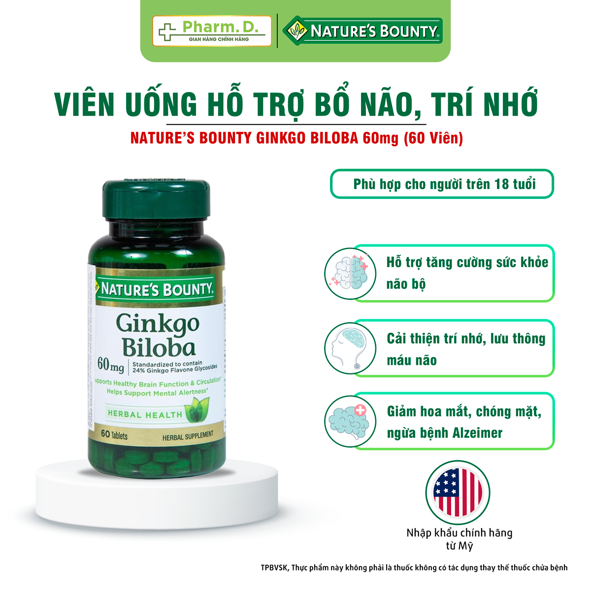 Viên Uống Hỗ Trợ Bổ Não, Cải Thiện Trí Nhớ NATURE'S BOUNTY Ginkgo Biloba Supports Healthy Brain (60 Viên)