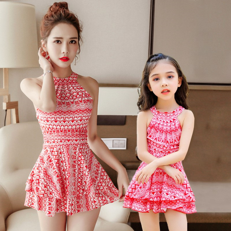 Đồ bơi đôi cho mẹ và bé gái, bikini mẹ con, có size to, dáng váy quần đùi trong | KT027