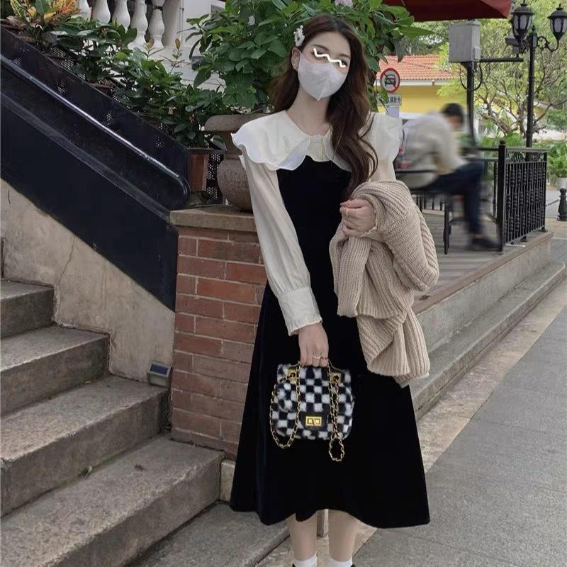 Váy nhung đen cổ bèo vintage tiểu thư sang chảnh