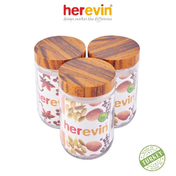 Bộ 3 Hũ Thủy Tinh Herevin Tròn Trơn Nắp Woody 660ml - HEHU231367-205