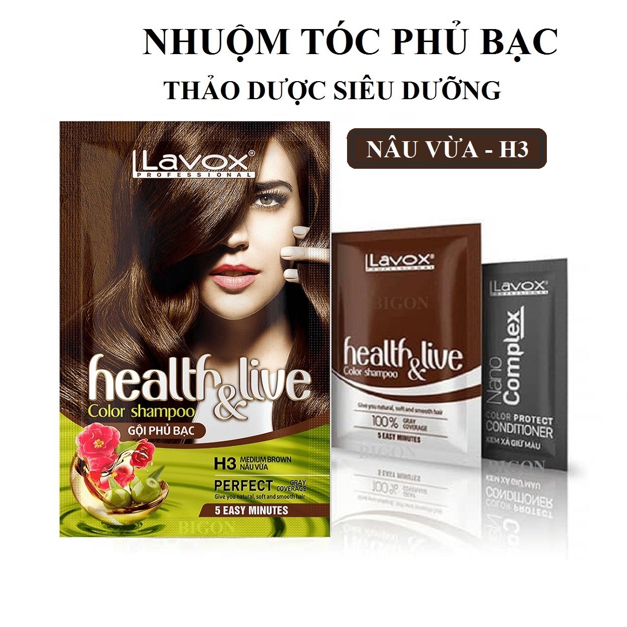 (Nâu Vừa) Dầu Gội Nhuộm Tóc Nâu Vừa, Phủ Bạc 100% Thảo Dược Siêu Dưỡng LAVOX 30ml - H3