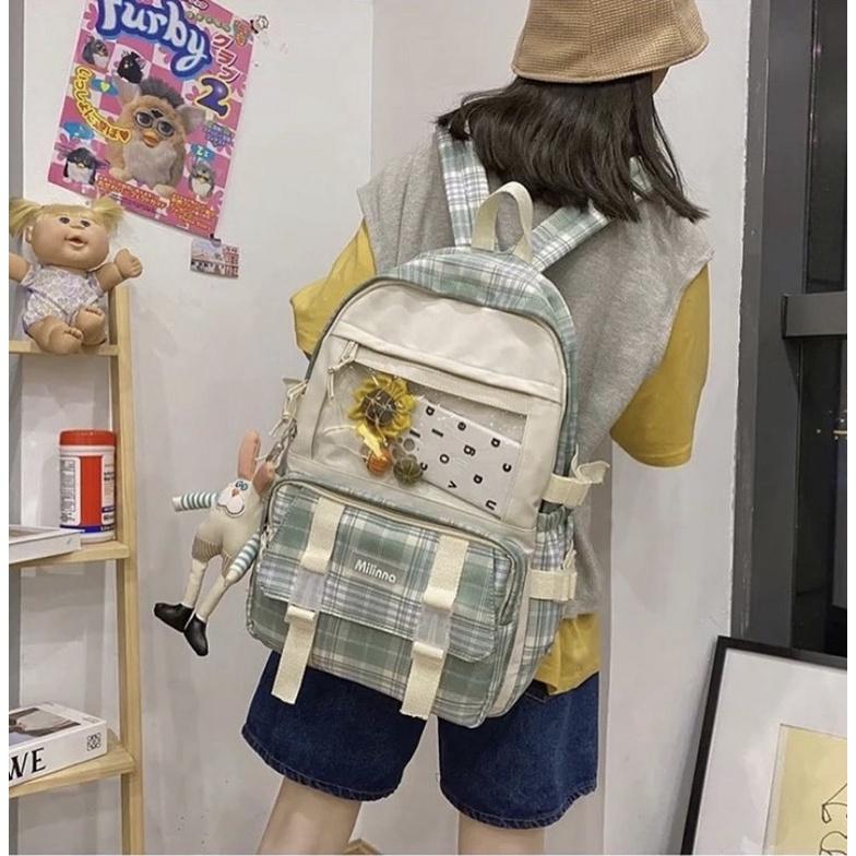 Balo Uzllang Đi Học Kẻ Caro Có Ngăn Ngoài Trong Suốt