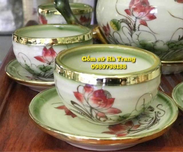 Bộ ấm chén gốm sứ Bát Tràng bọc đồng cao cấp vẽ hoa sen