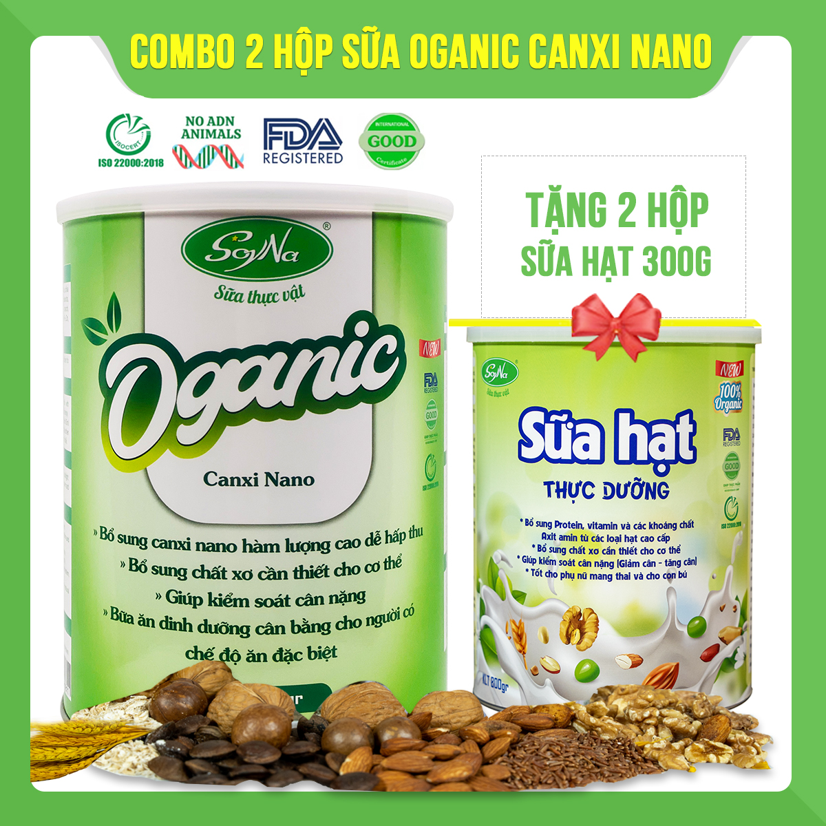 Combo 2 hộp sữa Oganic Canxi Nano Soyna 800g chính hãng tặng kèm 2 hộp sữa hạt thực dưỡng 300g hoặc 2 hộp sữa mầm gạo lứt 300g