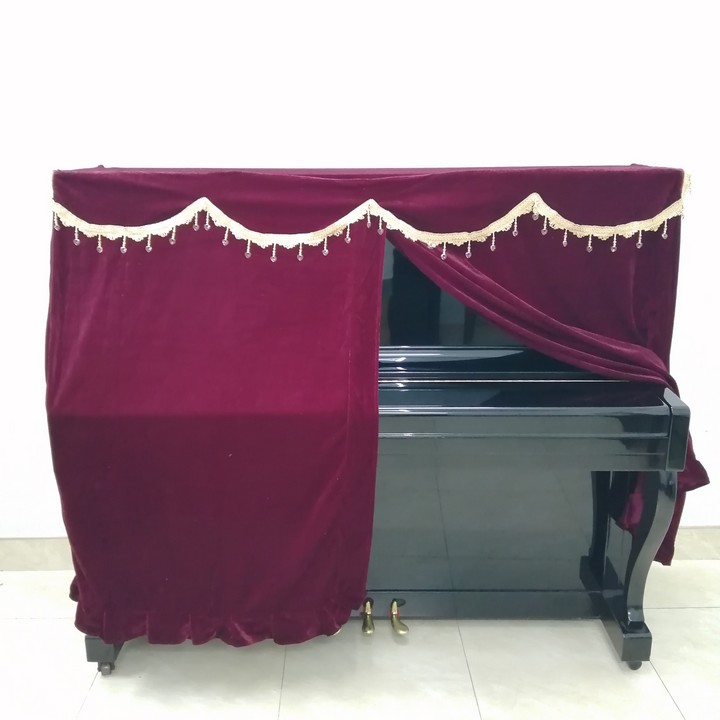BỘ KHĂN PHỦ ĐÀN PIANO CƠ NHUNG ĐỎ VIỀN VÀNG