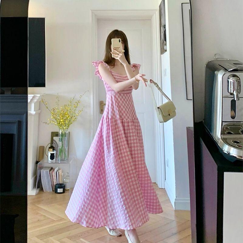 CHENGRUI Cao cấp bông màu hồng kẻ sọc ăn mặc cho phụ nữ Pháp retro nhỏ thiết kế cao cấp giảm tuổi váy dài dễ thương