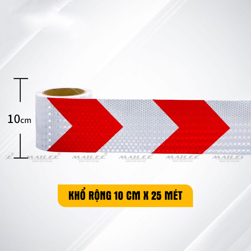 Băng Dính Phản Quang khổ rộng 10 cm x 25 mét, Cảnh Báo An Toàn Hình Mũi Tên Dùng Dán Xe Ô tô, Thùng Xe Tải, Định Hướng An Toàn, chất liệu PVC Chống Thấm Nước - Mũi Tên ĐỎ TRẮNG - Mai Lee