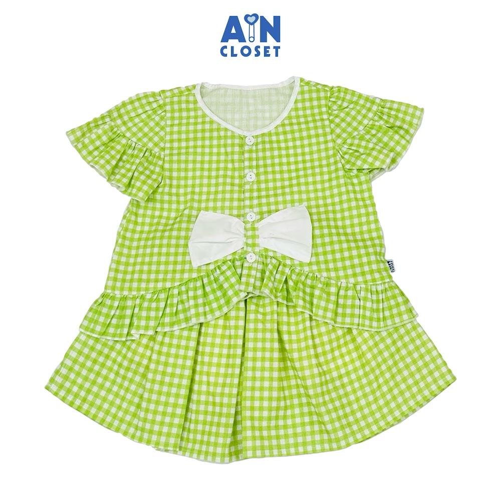 Set Áo Váy bé gái họa tiết Caro Nơ Xanh Cotton - AICDBGAKJYSV - AIN Closet