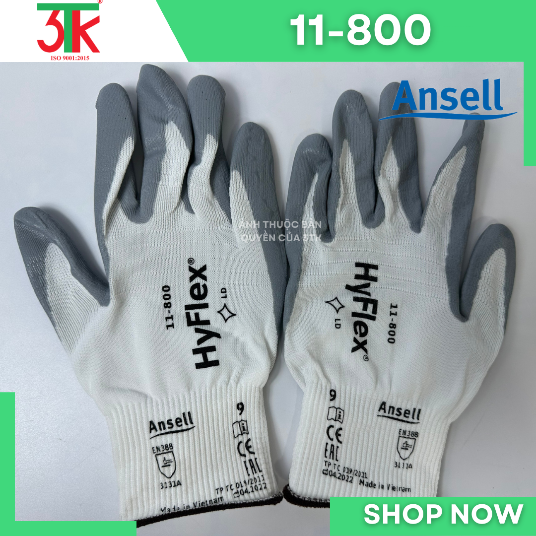 Găng tay Ansell hyflex 11-800, bảo hộ lao động cơ khí, kỹ thuật, ôm sát tay, linh hoạt