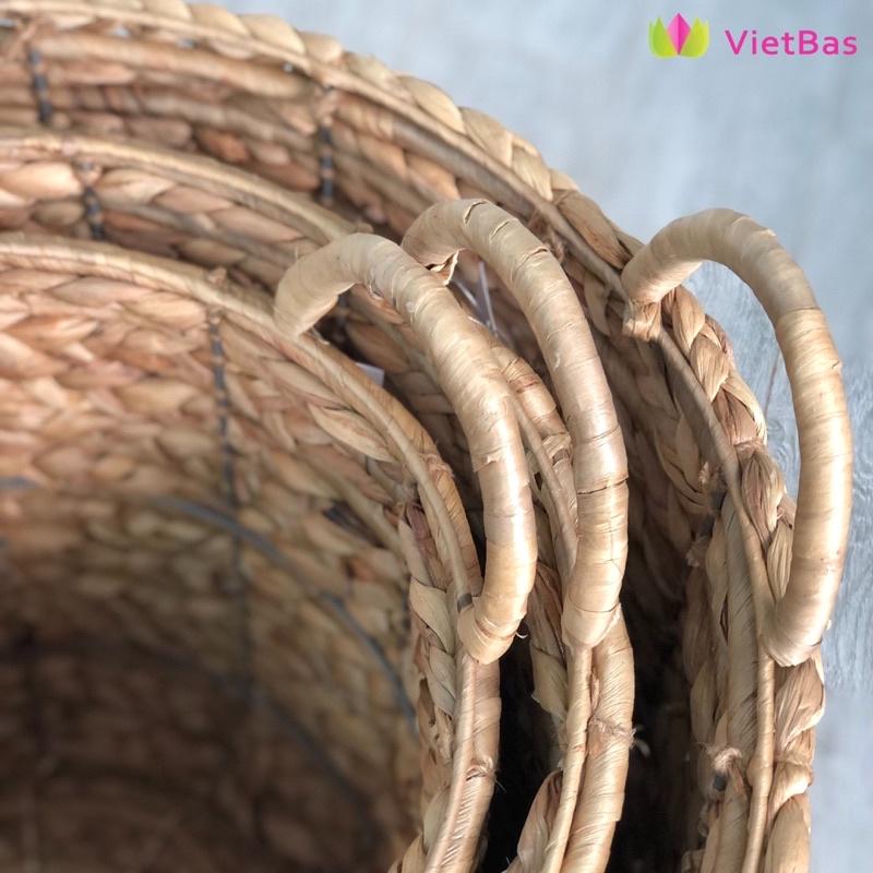 Giỏ lục bình đan xương cá VIETBAS tròn có quai MAU63