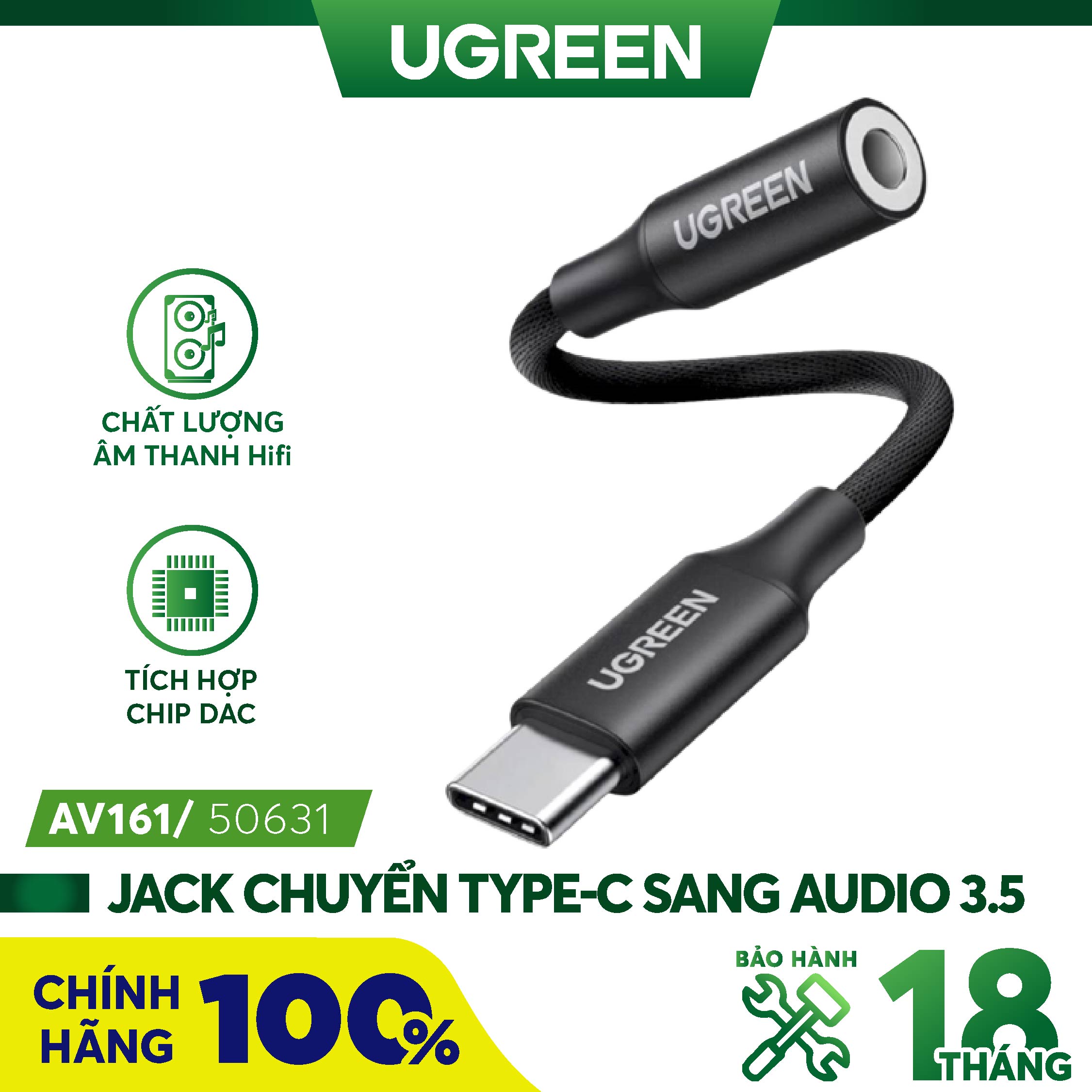 Cáp chuyển đổi Type-C sang Audio UGREEN AV161 - Vỏ hợp kim - Chống nhiễu - Hàng chính hãng - Bảo hành 18 tháng