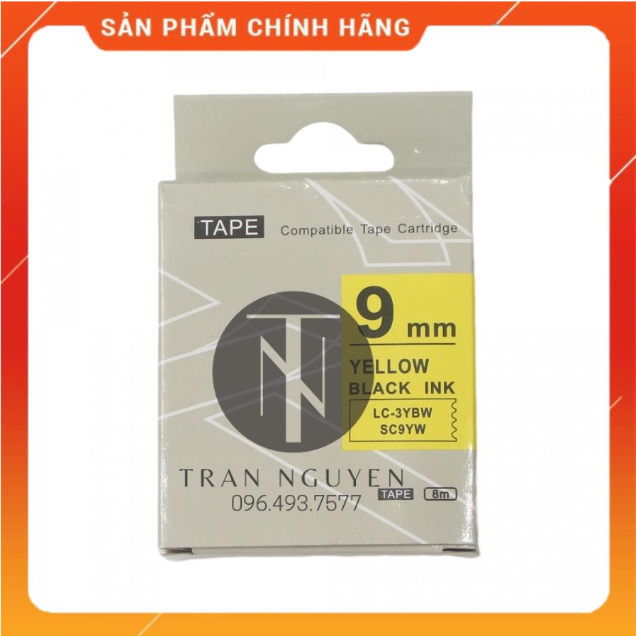 [Combo 5 hộp] Nhãn in Tepra SC9YW (LC-3YBW) - Chữ đen nền vàng 9mm x 8m - Hàng nhập khẩu