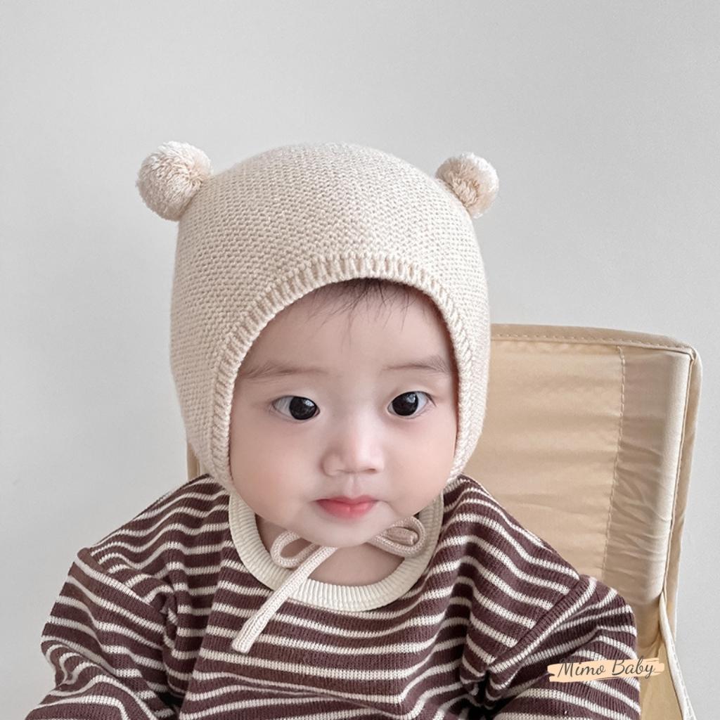 Mũ len buộc dây, nón mùa đông gắn bông dễ thương cho bé ML189 Mimo Baby