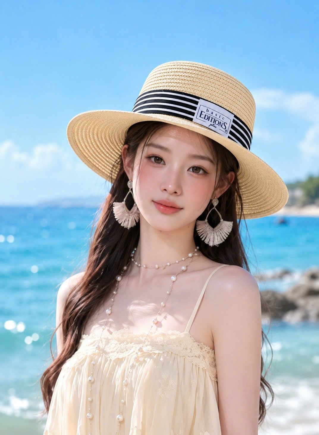 Mũ cói Basic Editions dành cho nữ, nón đi biển vành bằng phối sọc chống nắng UV thoáng mát mùa hè mang đến phong cách thời trang hiện đại vazano25052601