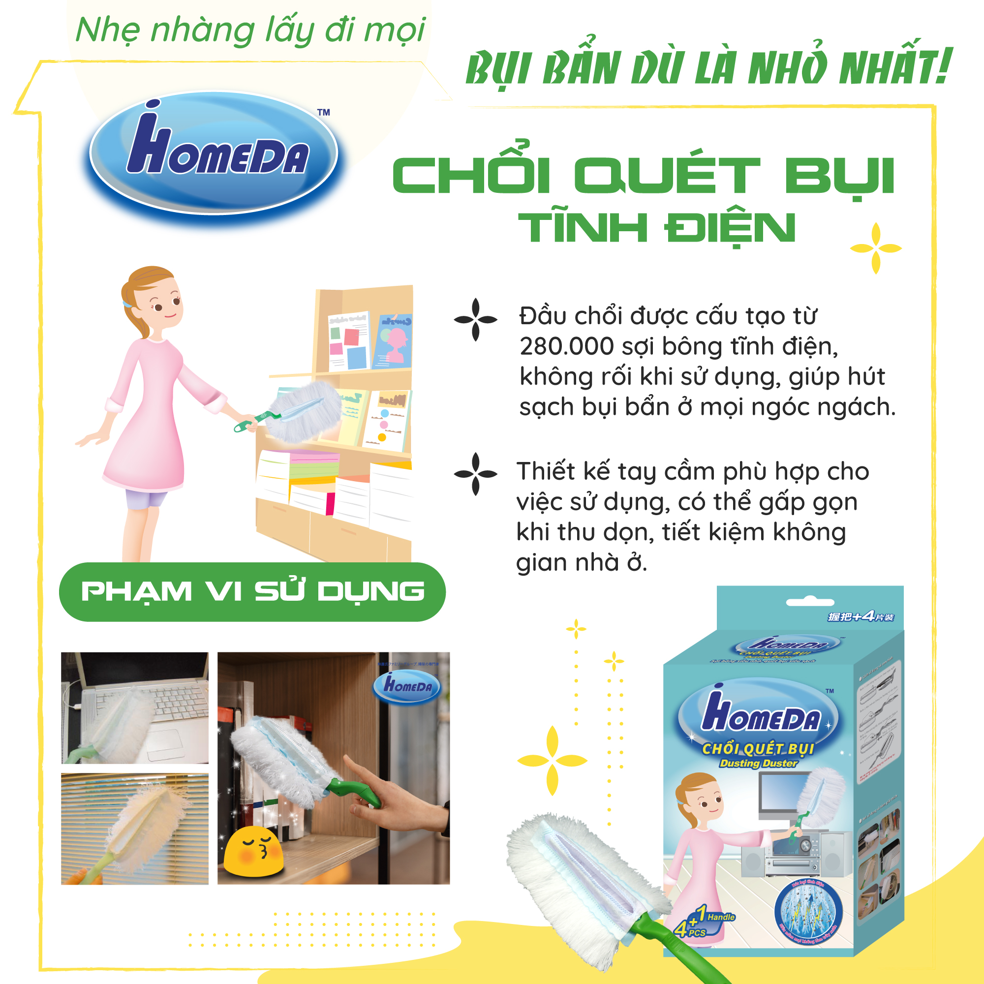 COMBO Siêu tiện lợi IHOMEDA 1 Cây lau đa năng + 1 Chổi quét bụi tĩnh điện + 1 Khăn ướt cồn cao cấp (80 tờ) + 3 Khăn ướt lau sàn kháng khuẩn (2 hương Cam + 1 hương Hoa) (10  tờ)