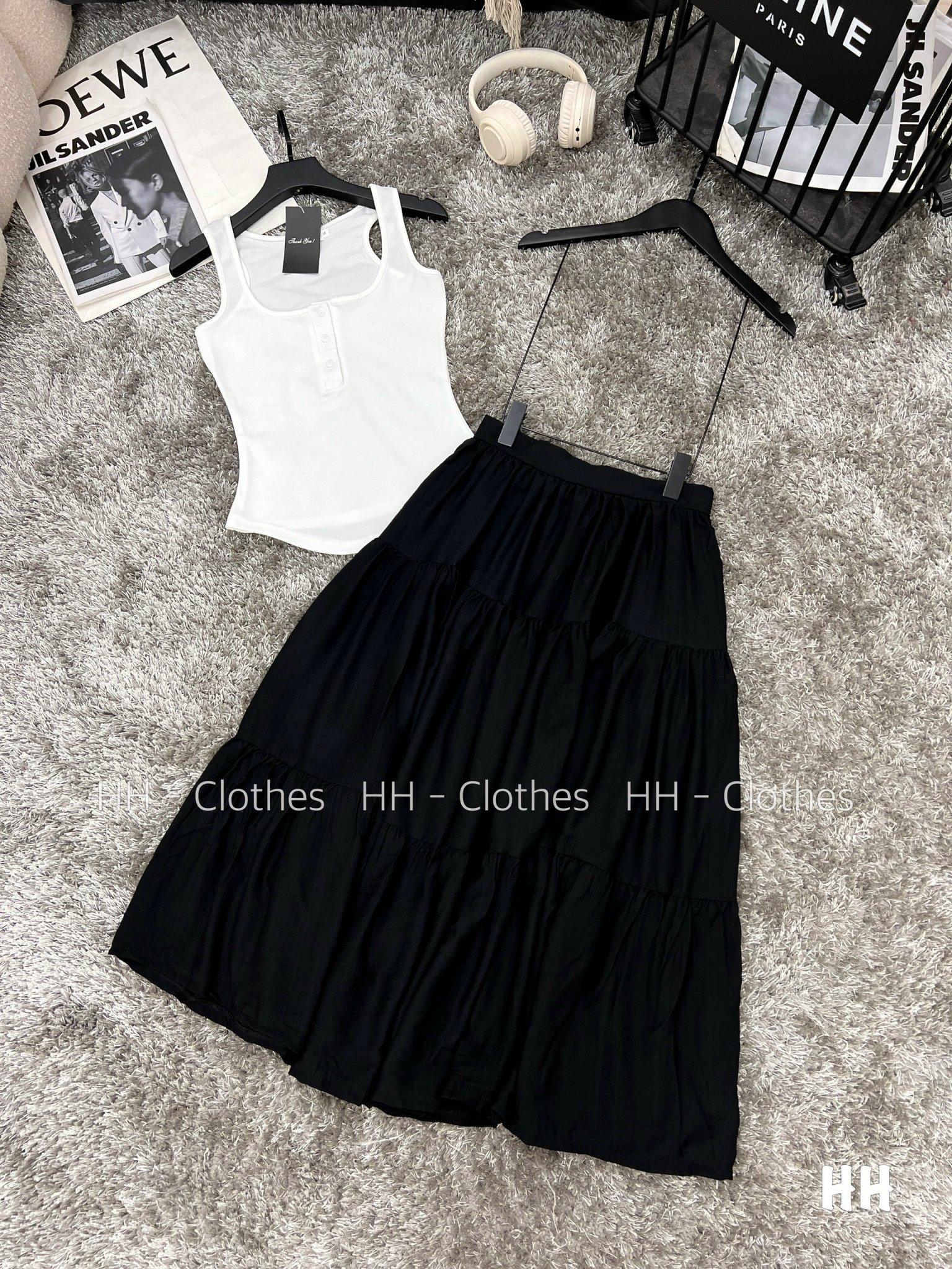 SET ĐI CHƠI, SET 2 MÓN ÁO BA LỖ KIỂU HÀNG NÚT GIỮA PHỐI CHÂN VÁY DÀI TẦNG CỰC HOT