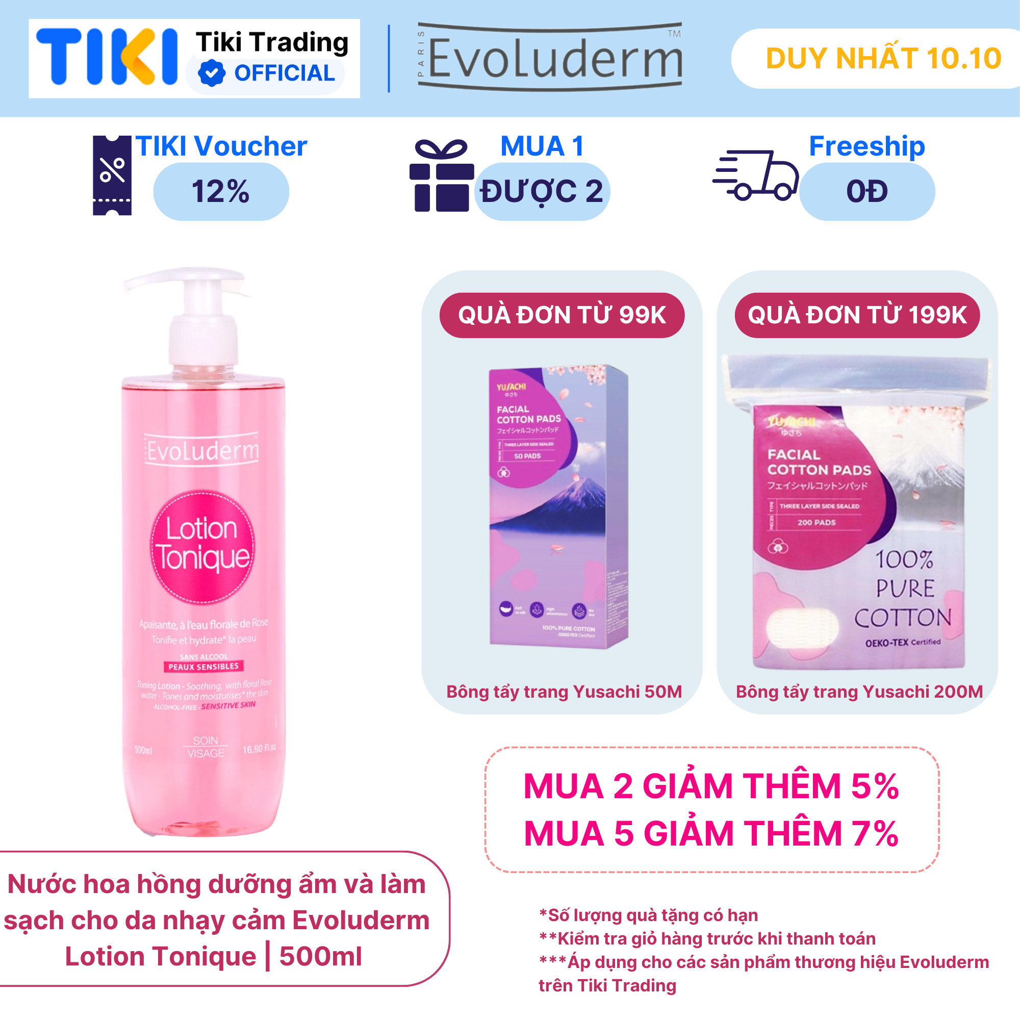 Nước hoa hồng dưỡng ẩm và làm sạch cho da nhạy cảm Evoluderm Lotion Tonique 500ml