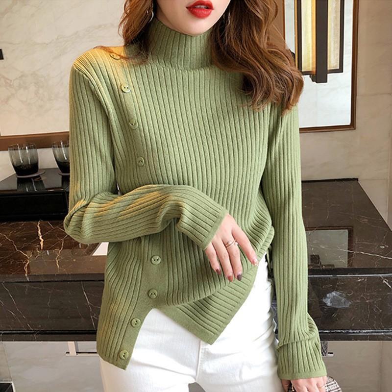 MS998 Áo len nữ cao cổ đính cúc xẻ sườn siêu mềm mịn