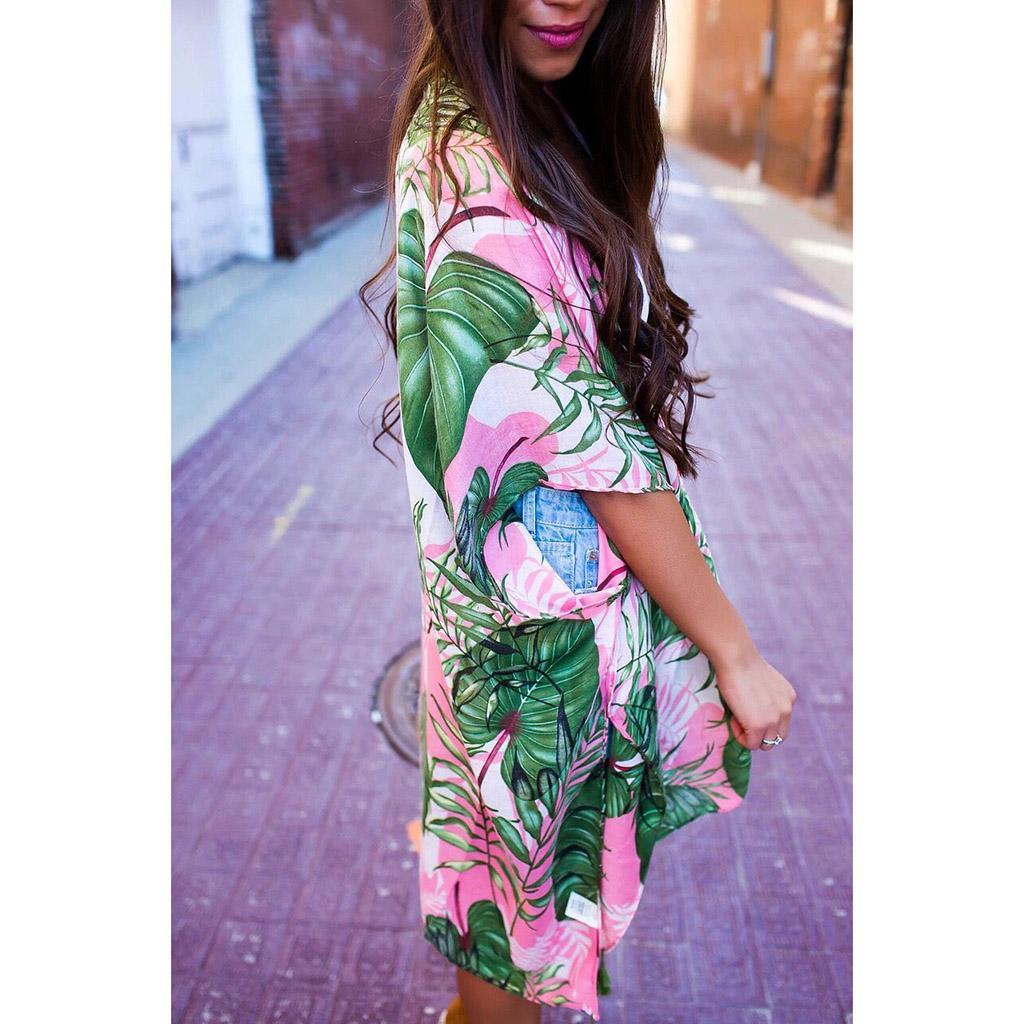 Women's Beach Cover Up Kimono Cardigan Tropical Leaves Tassels Design Soft Chiffon Blouse Shawl Top M-XL