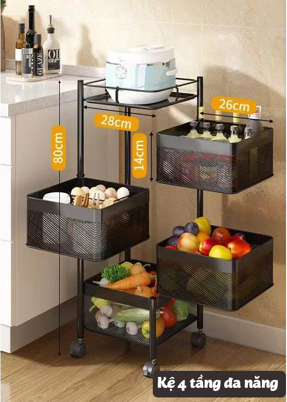 Hot Kệ xoay kiểu dáng vuông đa năng 4 nhiều tầng đựng rau củ quả và đồ gia dụng