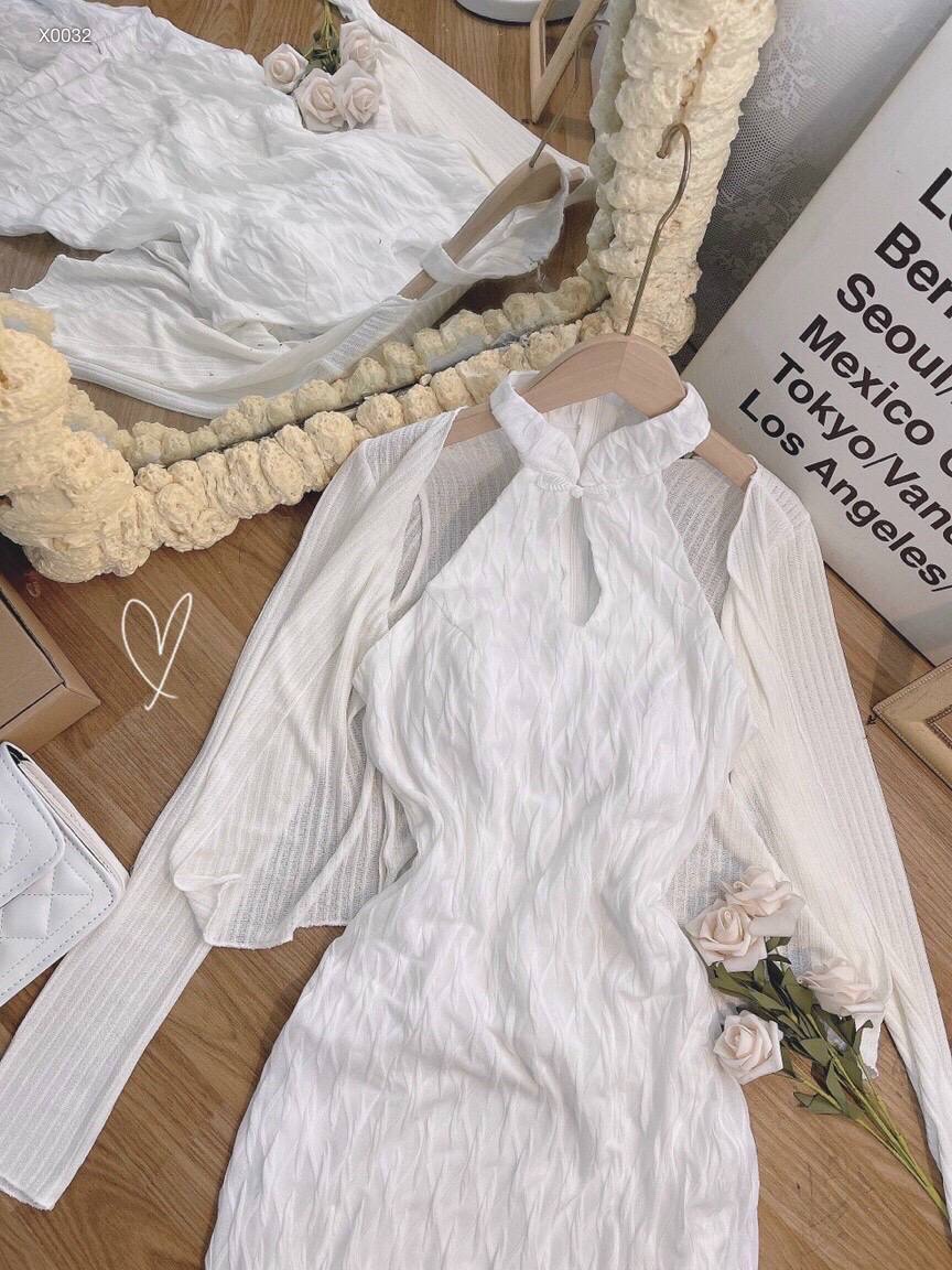 SET ĐẦM SUÔNG DÀI CỔ YẾM TÀ XẺ + ÁO KHOÁC