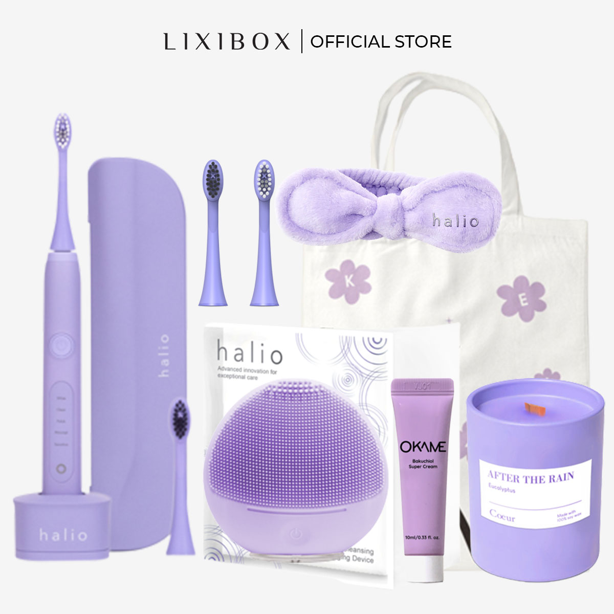 PURPLE BEAUTY BOX  Vệ sinh toàn diện ( Bàn Chải Điện Halio, Máy Rửa Mặt, 2 Đầu bàn chải, Kem Dưỡng chống lão hóa, Túi đựng mỹ phẩm, Nến thơm)