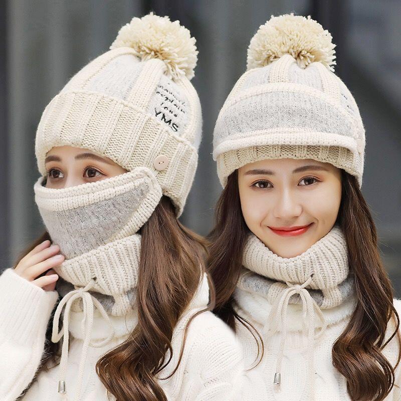 Mùa Đông Nón Nữ Mùa Đông Đan Beanies Nón Yếm Và Mặt Nạ Nữ Bảo Vệ Tai Skullies Nón Nhung Ấm Dày Đi Xe len