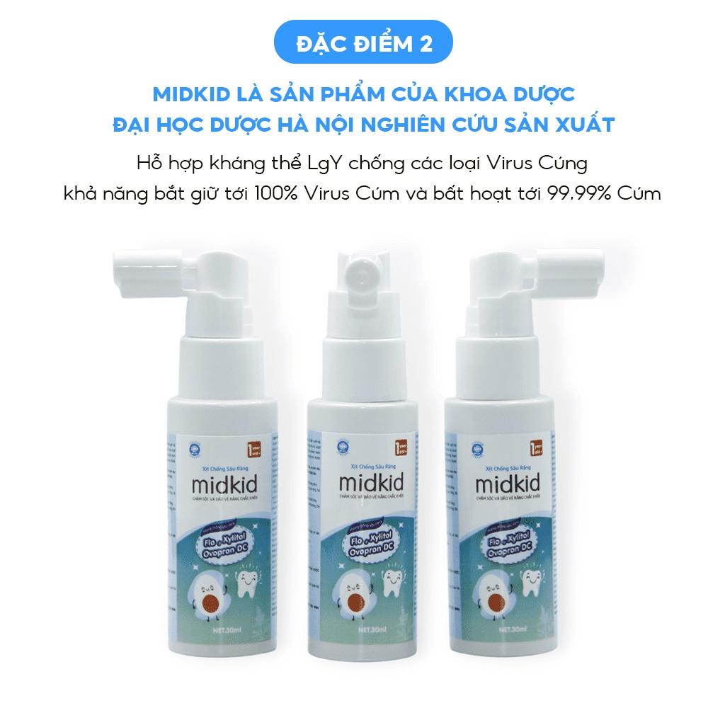 Xịt chống sâu răng Midkid cho bé từ 1 tuổi giúp bảo vệ men răng, ngăn ngừa ố vàng, mảng bám, hôi miệng, sâu kẽ, hà mủn, viêm lợi