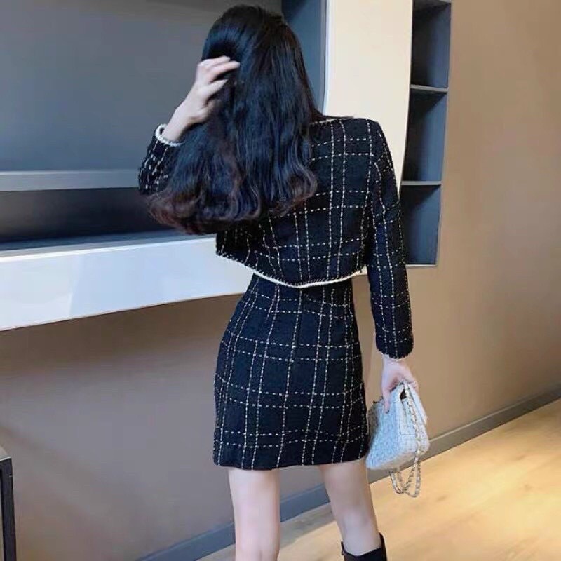 Set dạ tweed 3 món áo khoác croptop áo 2 dây đen kèm chân váy chữ a kiểu hàn quốc