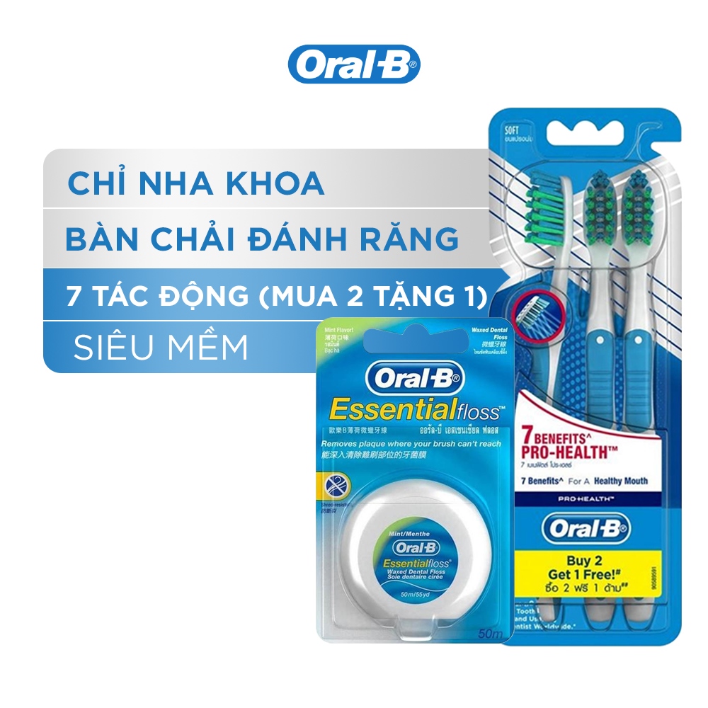 Combo Chăm Sóc Răng Miệng Toàn Diện (Vỉ 3 Bàn Chải Đánh Răng ORAL-B 7 Tác Động (Mua 2 Tặng 1) + Chỉ Nha Khoa ORAL-B Essential Mint (Hộp 50m)