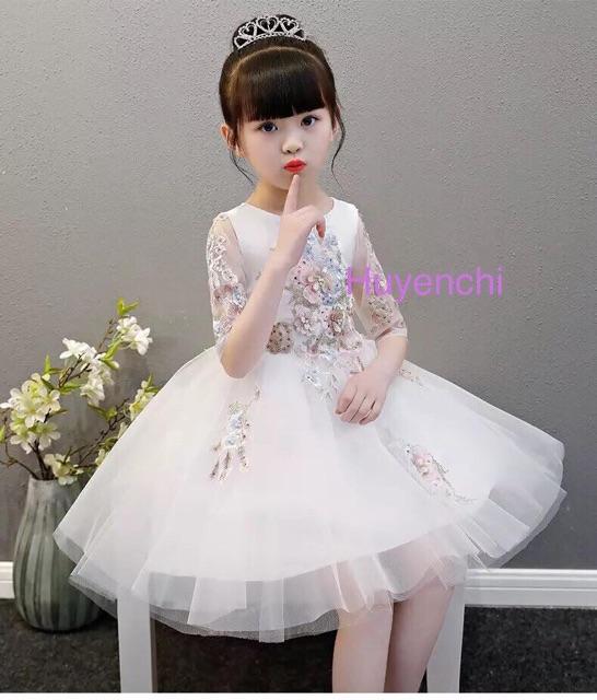 Đầm công chúa trắng hoa 3 d tay lửng