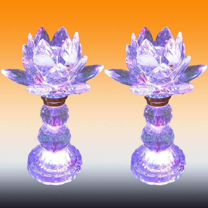 Đèn thờ đèn pha lê sáng đổi 7 màu_Đèn 2 cục bông sen cao 16cm