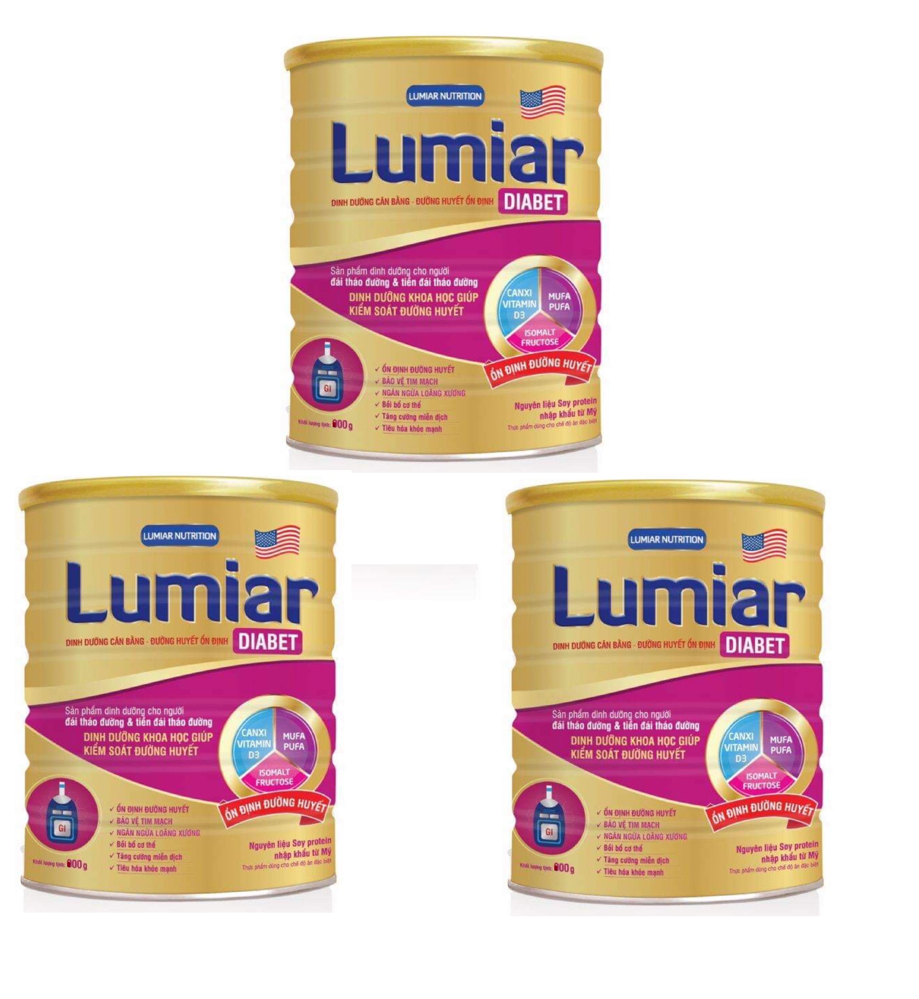 Combo 3 lon Sữa bột Lumiar Diabet lon 800g - Dinh dưỡng giúp đường huyết ổn định. Dành cho người đái tháo đường &amp; tiền đái tháo đường.