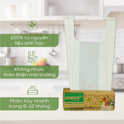 Hộp Túi Đựng Thực Phẩm Sinh Học ANECO - Phân hủy sinh học hoàn toàn - Không nhựa 100% (150 túi, có quai)