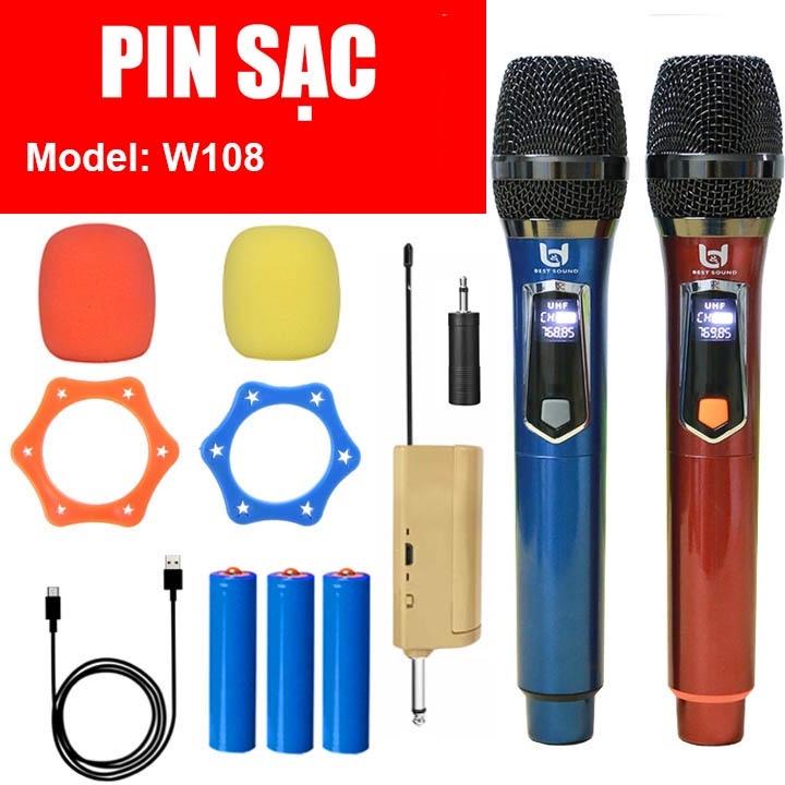 Micro Không Dây Pin Sạc W108, Mẫu Mới, chuyên dùng Karaoke cho Ampli, Loa Kéo, Sóng Mạnh, Hát Nhẹ