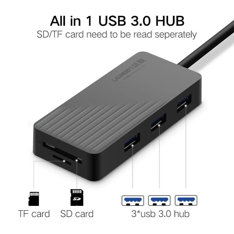 Ugreen UG30413CR132TK 1M màu Đen Bộ chia HUB USB 3.0 sang 3 USB 3.0 + đọc thẻ SD TF hỗ trợ nguồn MICRO USB - HÀNG CHÍNH HÃNG