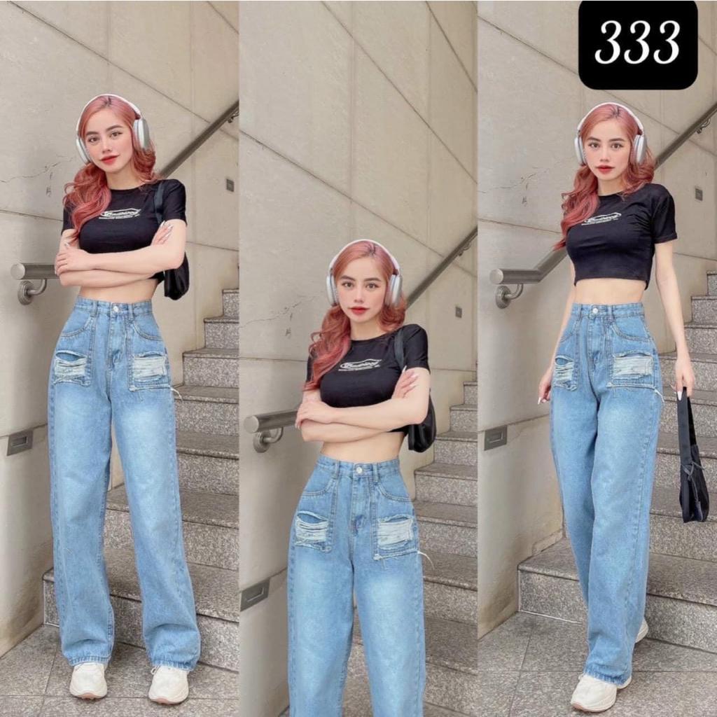 Quần baggy jean lưng cao ống suông chất cotton dày mềm ít co giãn