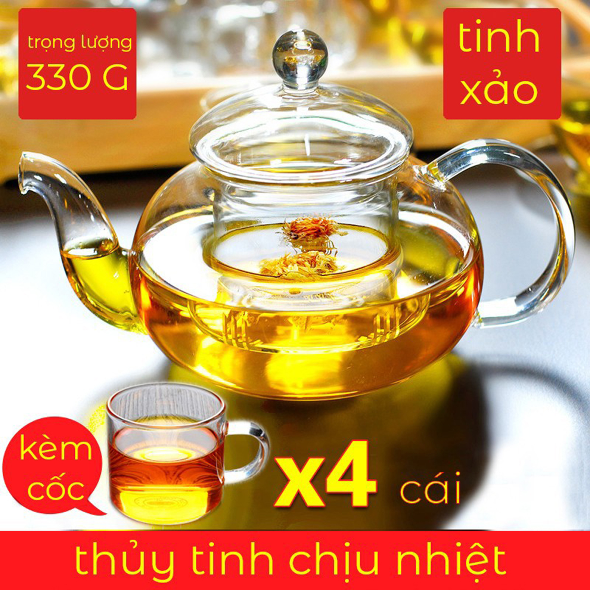 Bộ ấm trà thủy tinh chịu nhiệt L01 dung tích 600ml kèm 4 cốc sử dụng cho tiệc trà nhỏ gọn, sang trọng