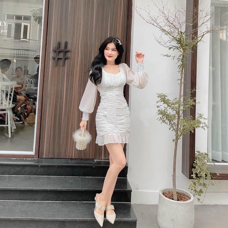 ĐẦM TRẮNG TAY DÀI NHÚN CỔ CHỮ U