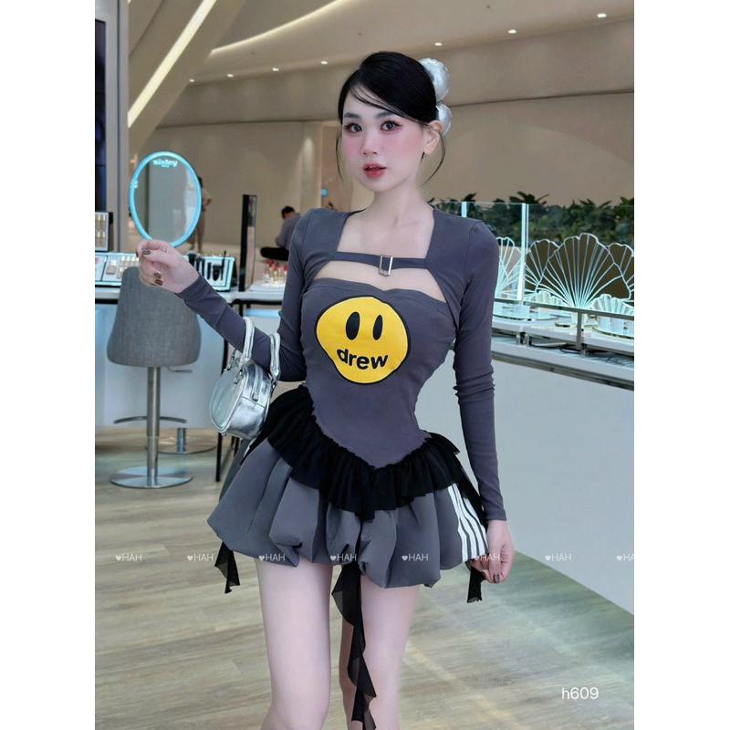 Set váy 3 món drew mặt cười xinh yêu BY JOLIE - Ghi, Ghi