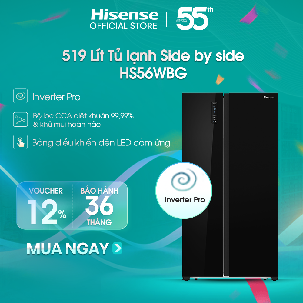 Tủ lạnh Side By Side Hisense Inverter Pro 519 Lít HS56WBG, Mặt Gương Sang Trọng, bảo hành 3 năm - HÀNG CHÍNH HÃNG