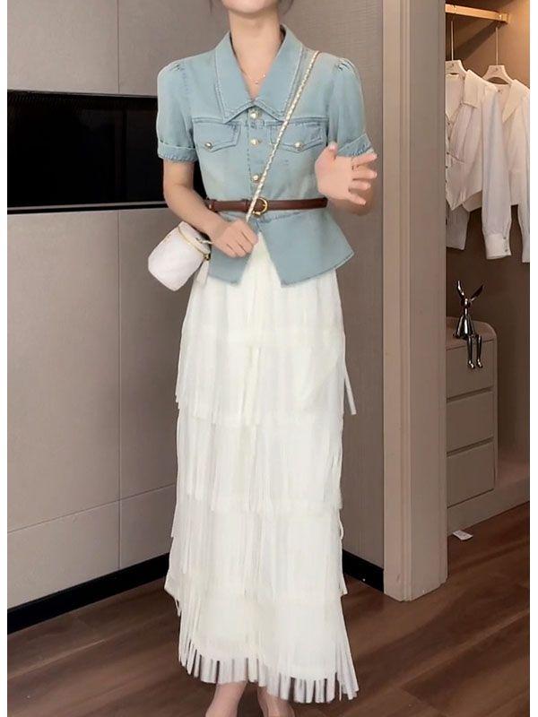 DIYIWEI Trang phục giảm tuổi thanh lịch 2023 Áo denim ngắn mùa hè+váy nửa người màu