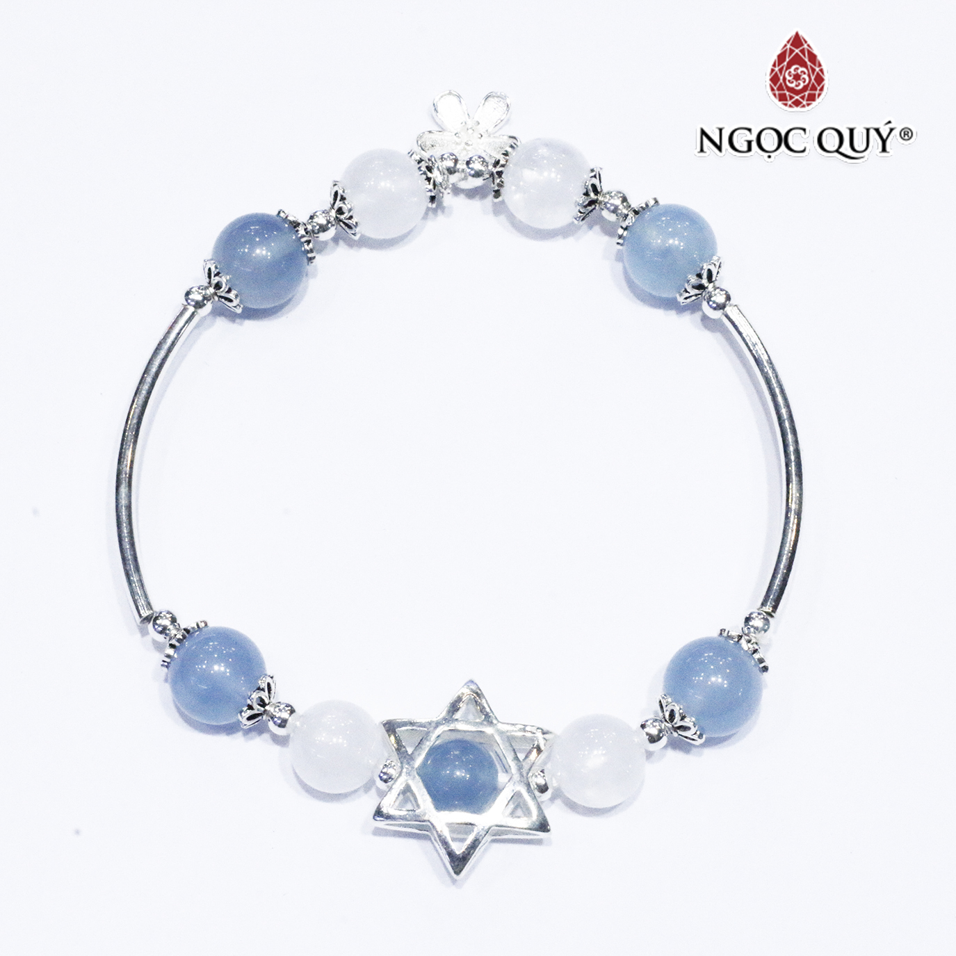 Vòng thạch anh ưu linh trắng phối aquamarine charm bạc - Ngọc Quý Gemstones