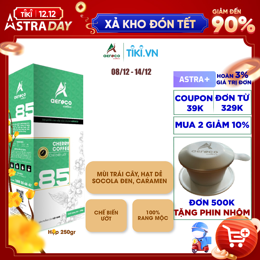 Cà phê bột pha phin AEROCO 85 nguyên chất 100% rang mộc hậu vị ngọt thơm quyến rũ, hộp 250g