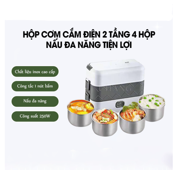 Hộp Cơm Văn Phòng , Hộp Cơm 2 Tầng 4 Bát Inox , Nấu Chín , Hâm Nóng Và Giữ Nhiệt