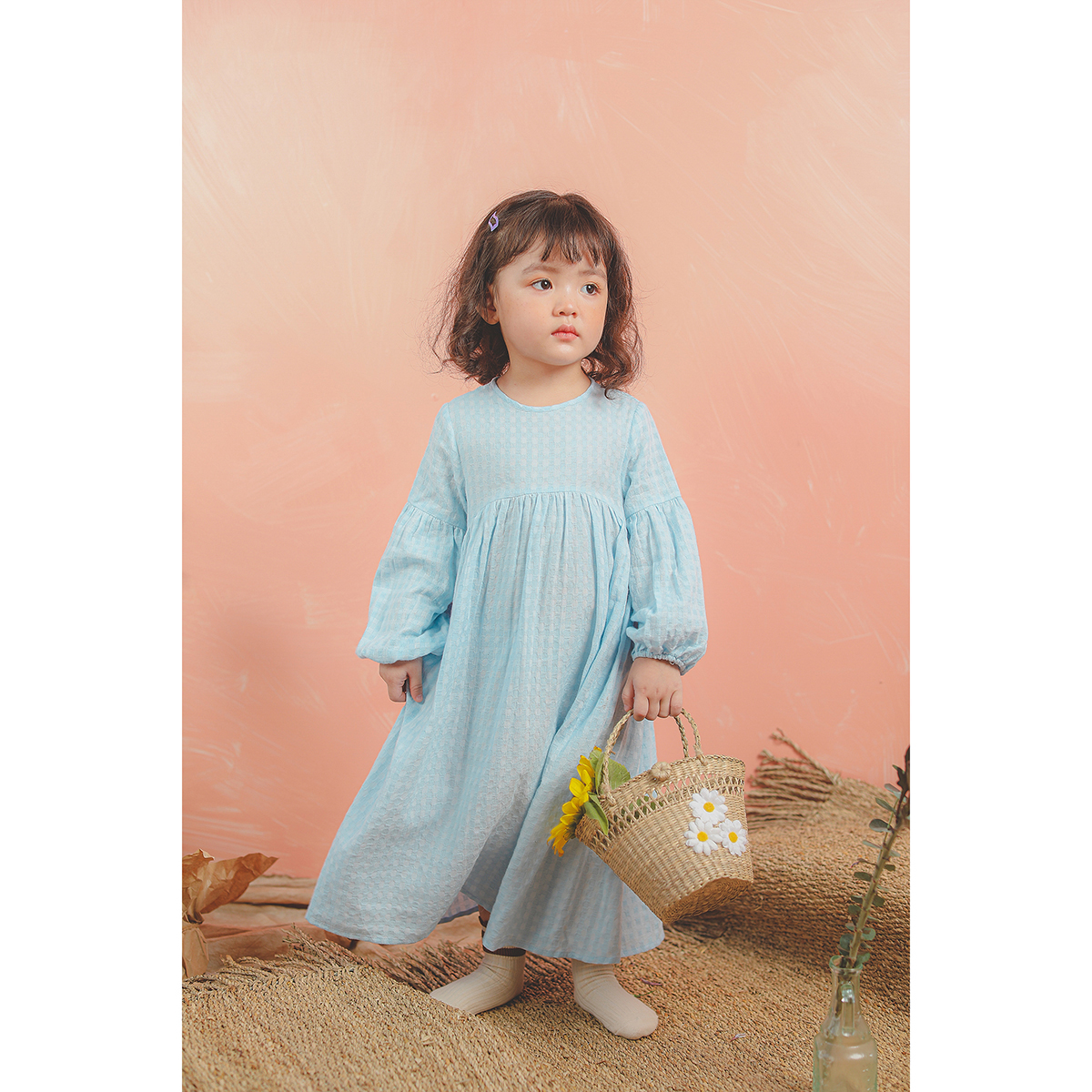 Váy babydoll dài tay bé gái hoạ tiết ô vuông - Lovekids