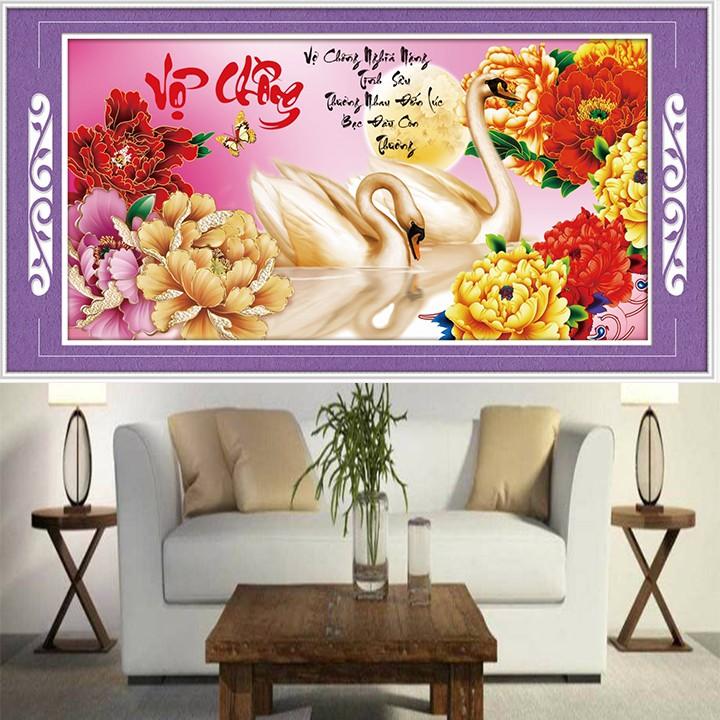 Tranh thêu vợ chồng thiên nga hoa mẫu đơn 88908 - kích thước: 60 * 33cm.