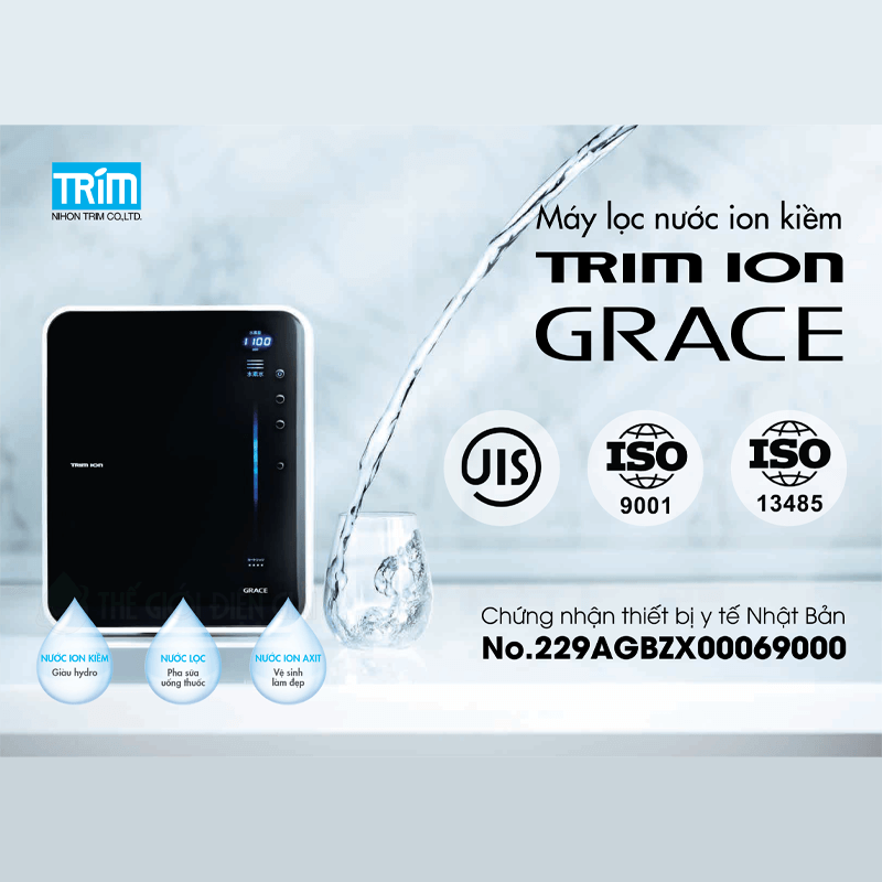 [LẮP ĐẶT TOÀN QUỐC] Máy Điện Giải iON Kiềm TRIM ION GRACE - Nhật Bản, 4 tấm điện cực Titan, Tạo ra 7 loại nước ion, 1300 ppb, Tặng Bộ tiền lọc + Vòi + Bộ chuyển nguồn, Trimion Grace - Hàng Chính Hãng - TRIM ION GRACE